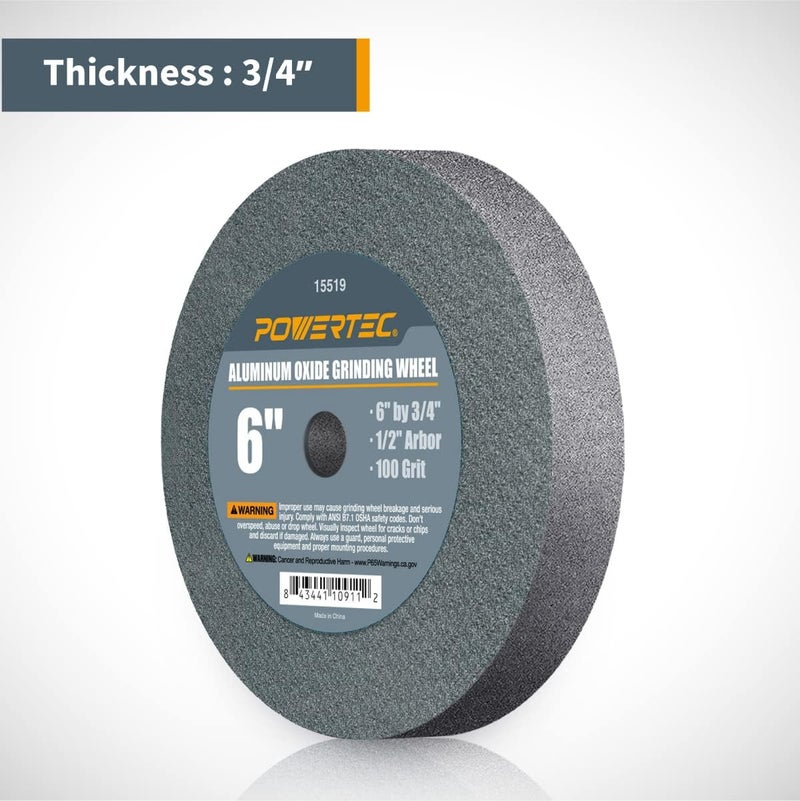 POWERTEC Bench Grinder Wheel + Diamond Wheel Dresser 6 Inch 100 Grit, Aluminum Oxide Grinding Wheel for Bench Pedestal Grinder, 3/4" Thick 1/2" Arbor, Sharpening & Shaping Blade, Chisel & Drill Bits - Image 2